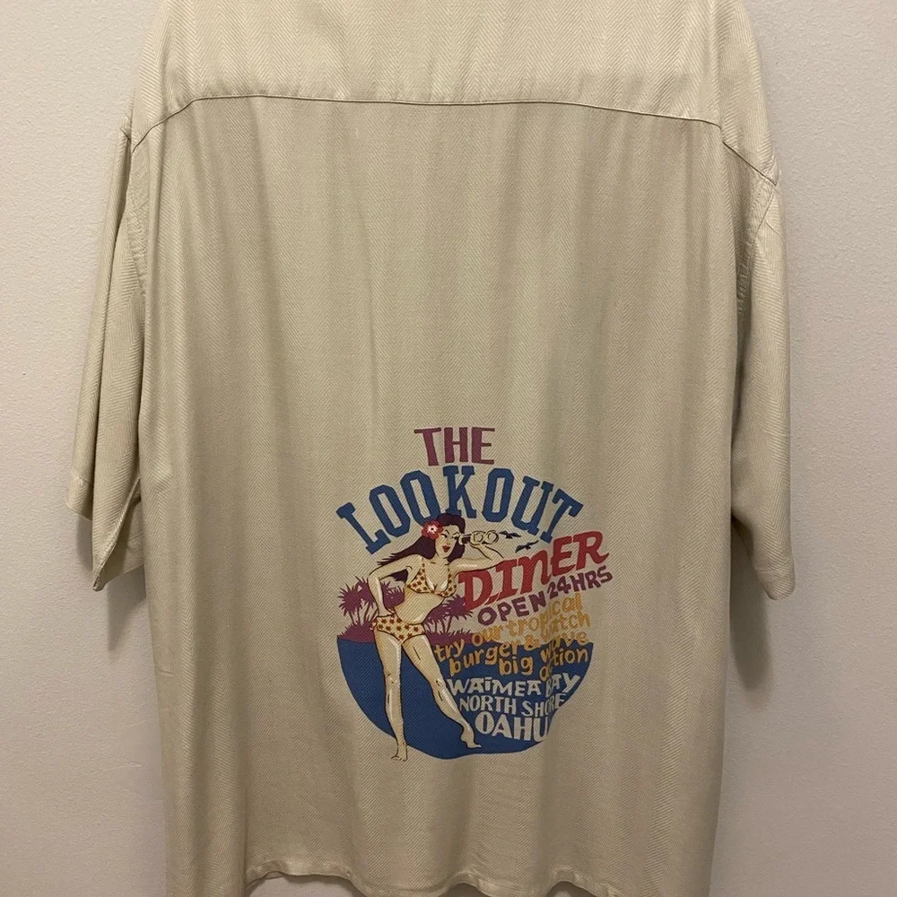 Men’s  CAMPIA XL short sleeve button down shirt in beige with diner logo. - Picture 8 of 12